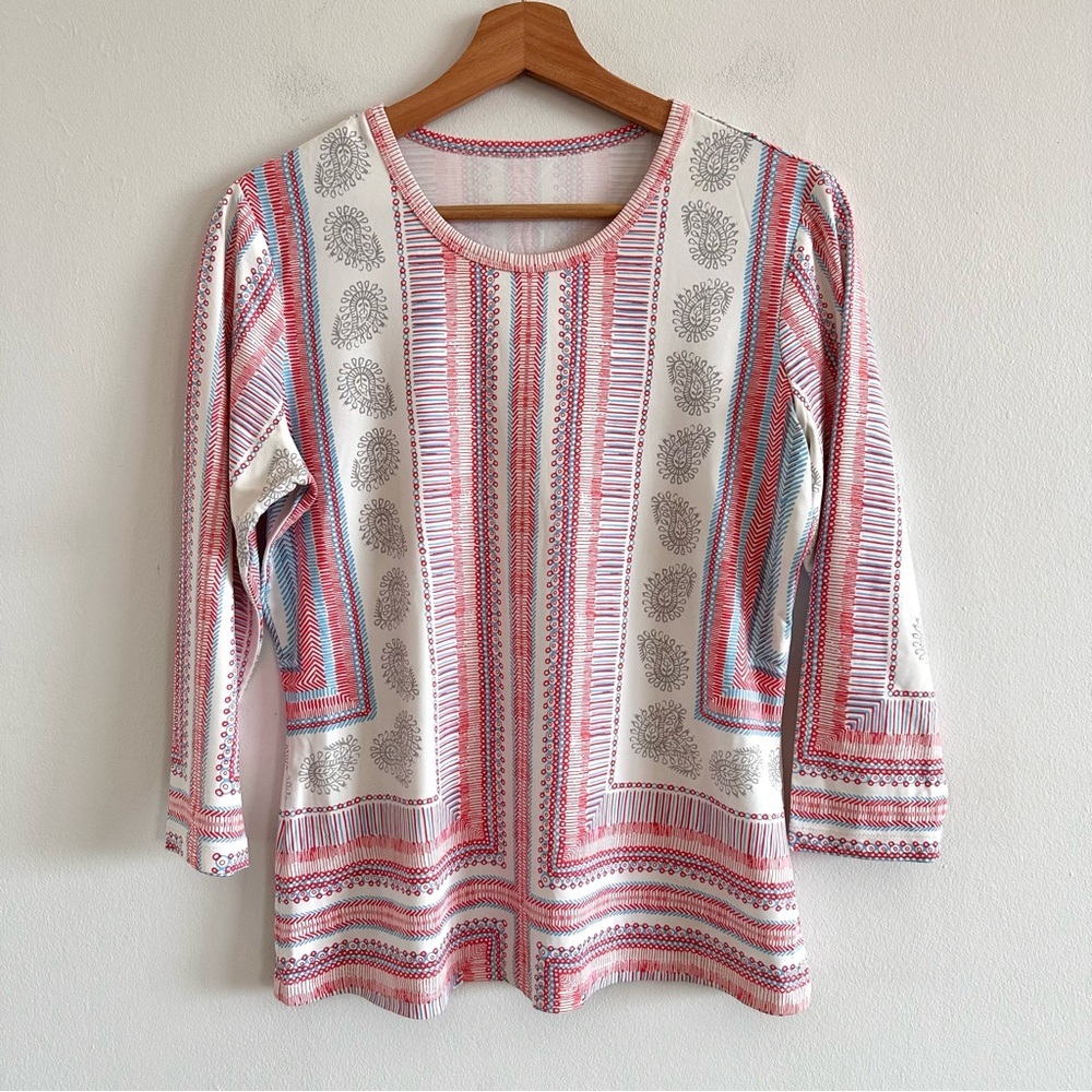 J. McLaughlin paisley print signature Catalina cloth 3/4 sleeve preppy top